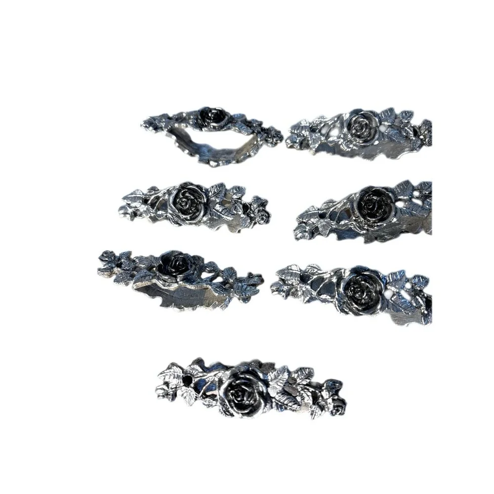 Vintage Metzke Pewter Rose Napkin Holders Set of Seven Romantic Cottagecore Y2K‎
